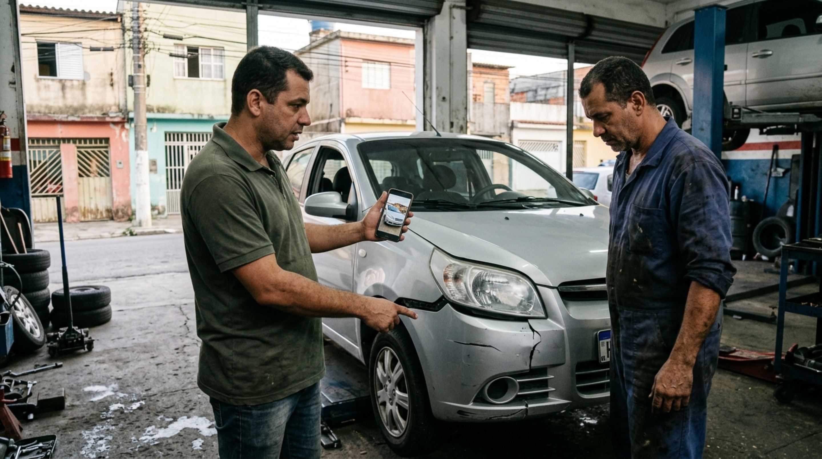 Motorista deixa o carro na oficina para trocar a embreagem, recebe o veículo com o para-choque quebrado e ouve que o dano já existia, mas as fotos feitas durante a entrada mostram uma situação diferente da versão apresentada