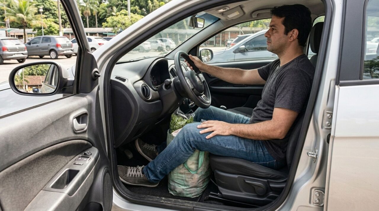 Motorista volta do supermercado com várias compras, coloca uma sacola entre as pernas para evitar que os produtos caiam e descobre por que carregar objetos junto aos pedais pode render multa