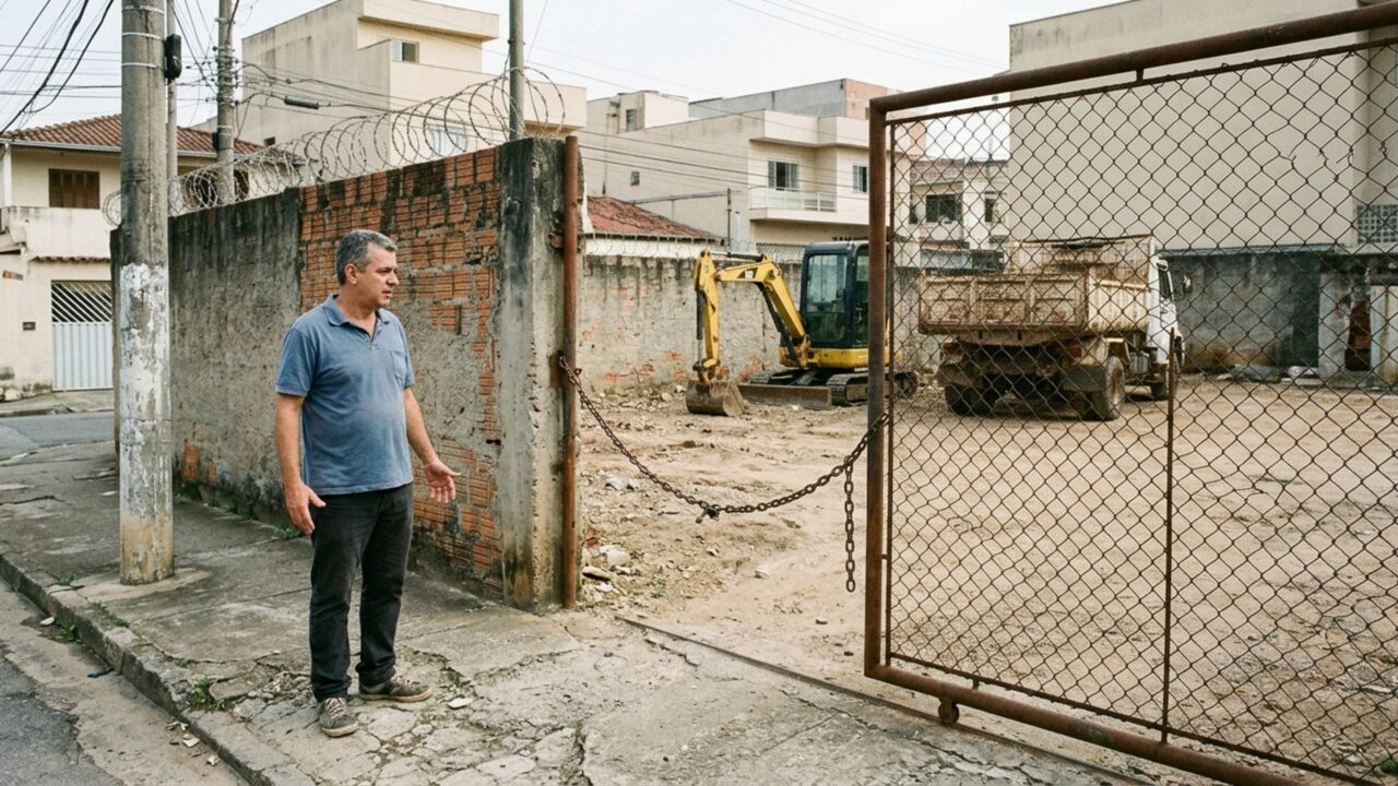 Morador chega ao terreno que mantém fechado e encontra máquinas estacionadas depois que uma equipe remove o cadeado para usar o espaço durante uma obra na mesma rua
