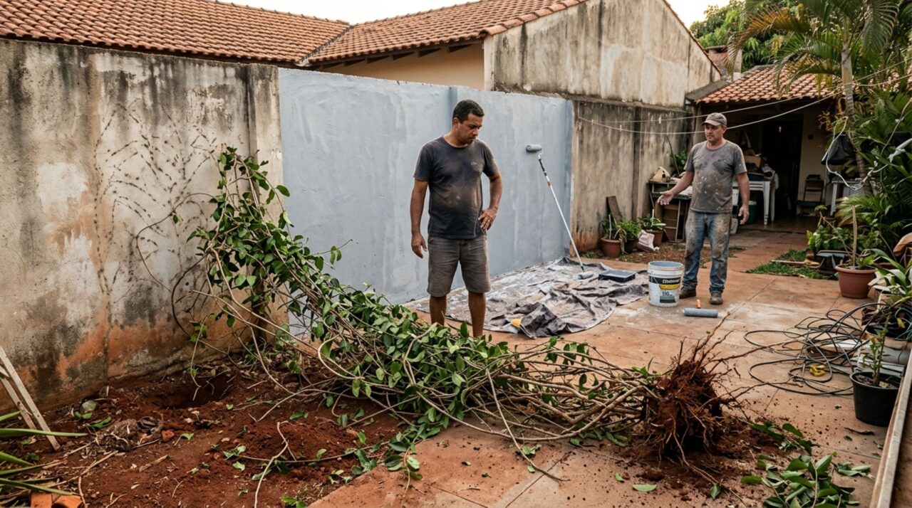 Morador volta de viagem e encontra a trepadeira arrancada do muro pelo vizinho para aplicar impermeabilizante, exige recuperação do jardim e contesta a retirada feita sem aviso