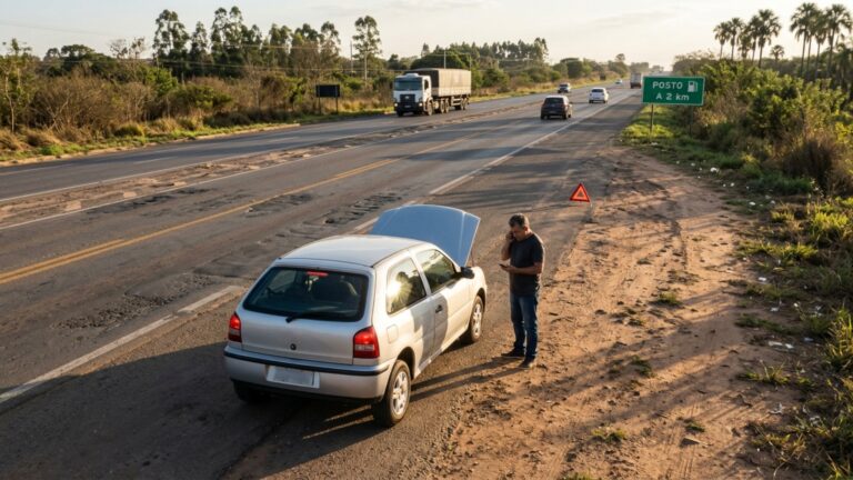 Carro fica sem combustível a menos de 2 quilômetros do posto e motorista estaciona no acostamento acreditando que o problema terminou assim que ligou o pisca-alerta