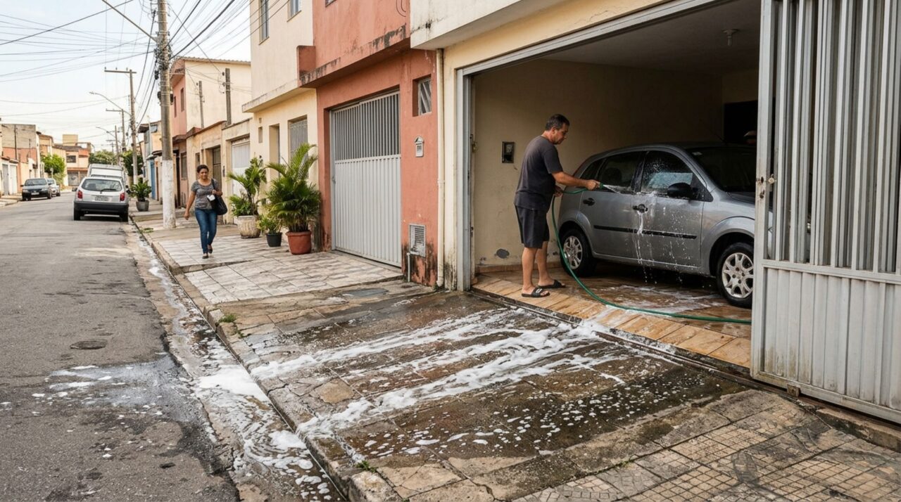 Homem lava o carro na garagem e depois deixa água e espuma escorrerem para a rua, sem imaginar que o descarte pode gerar problemas dependendo das normas municipais e dos riscos criados na via