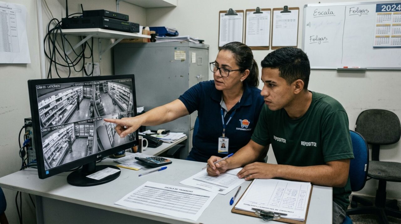 Repositor recebe advertência depois que um cliente encontra iogurtes vencidos na prateleira, afirma que havia retirado os produtos no turno anterior e pede uma conferência, mas as imagens mostram que as unidades foram recolocadas após sua saída