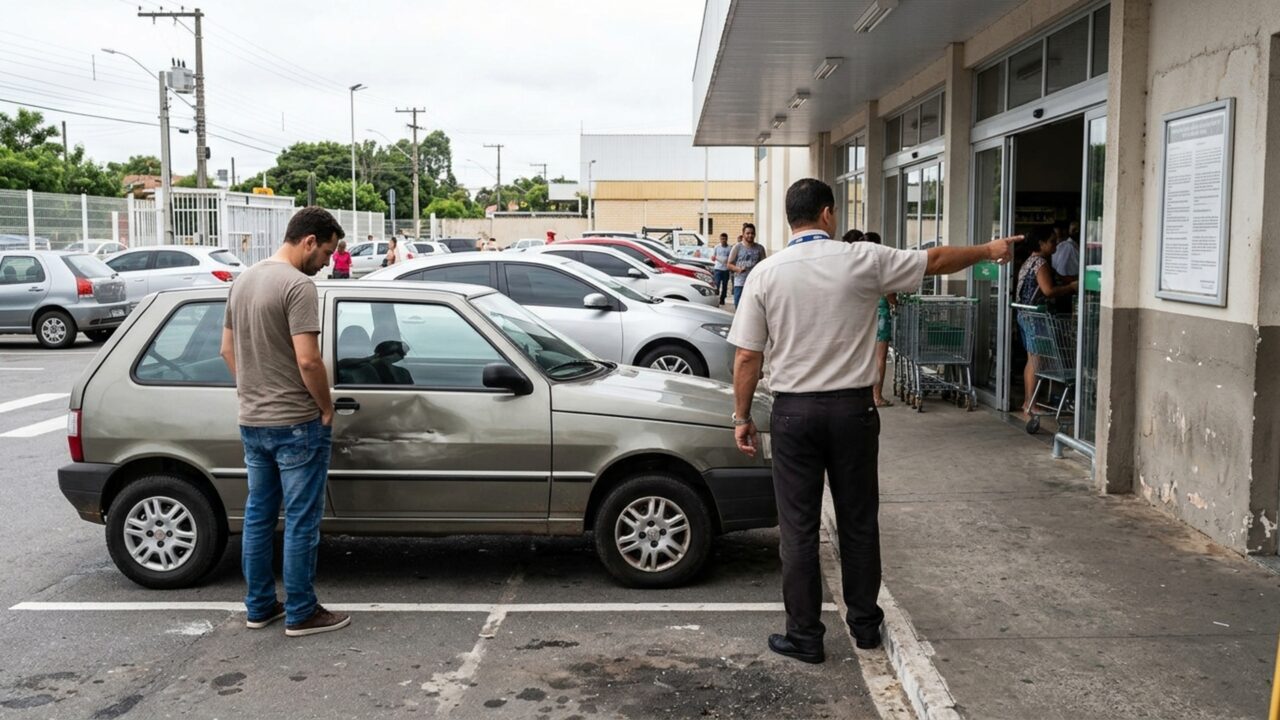 Depois de encontrar o carro danificado no estacionamento do supermercado, cliente descobre que a placa de “não nos responsabilizamos” não encerra a discussão sobre o prejuízo