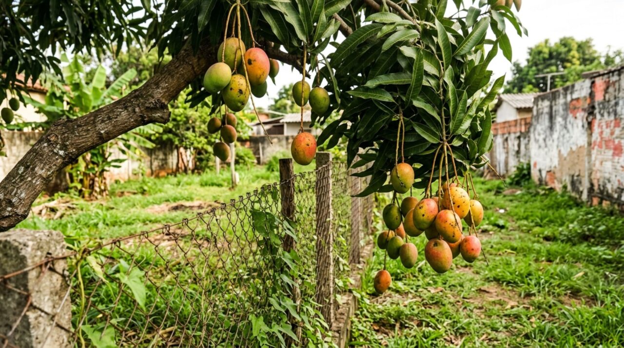 Galho de mangueira com mangas maduras ultrapassando uma cerca de arame entre dois quintais, com frutos ainda presos à árvore