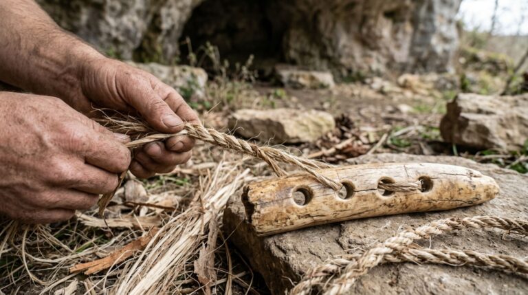 Reconstrução hipotética da produção de cordas na Idade da Pedra, utilizando fibras vegetais e uma ferramenta inspirada no artefato de marfim encontrado em Hohle Fels