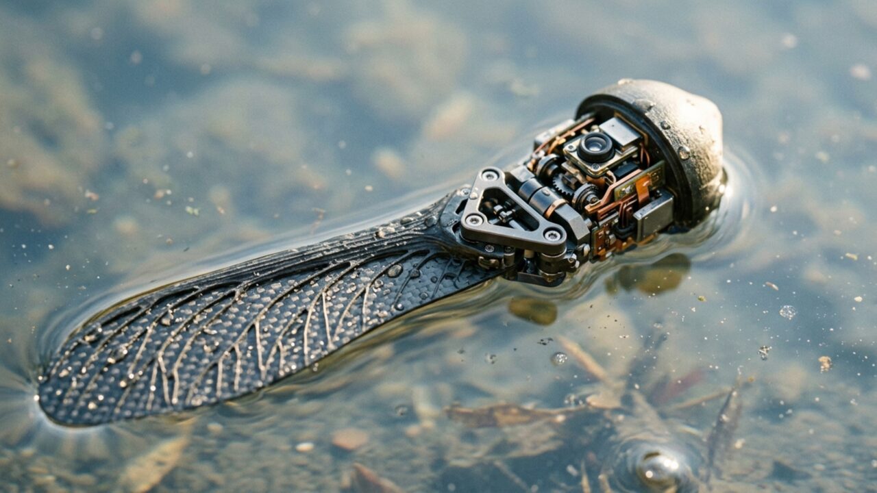 Um robô cai girando como semente de bordo, toca a água e passa a navegar usando o vento em vez de carregar um sistema pesado de propulsão