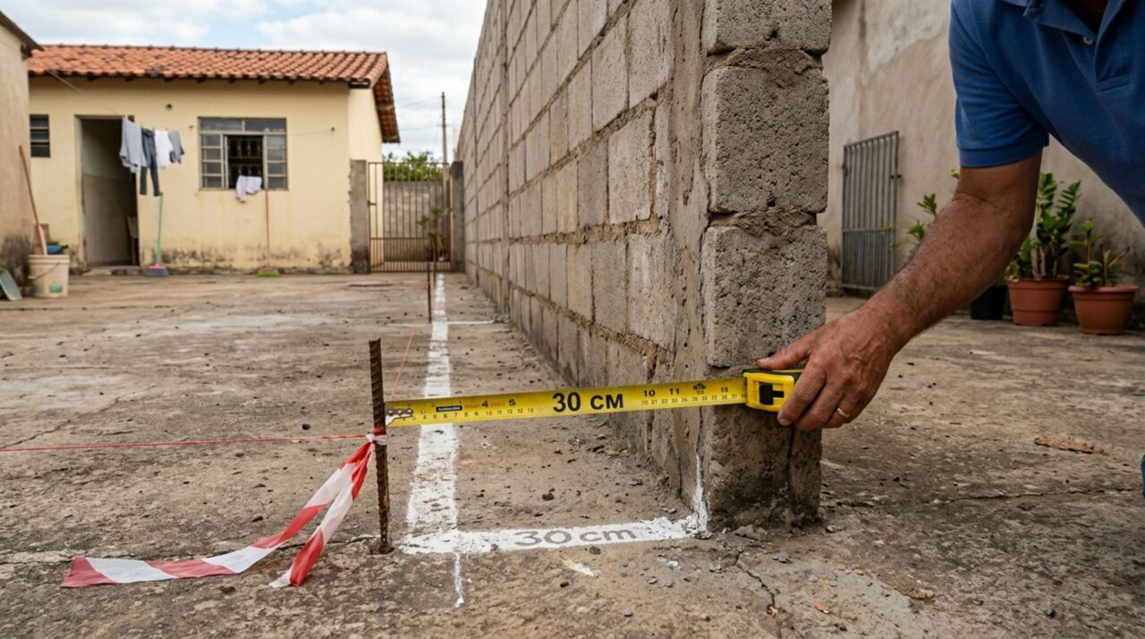 Casal contrata topógrafo antes de vender a casa e descobre que o muro novo do vizinho avançou 30 centímetros sobre o lote, enquanto o comprador exige a solução antes de fechar negócio