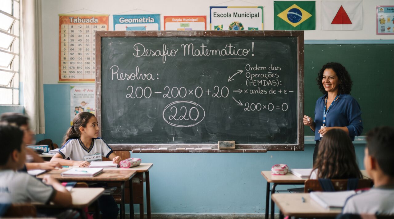 Resolução da expressão matemática 200 – 200 × 0 + 20 usando as regras de prioridade de cálculo.