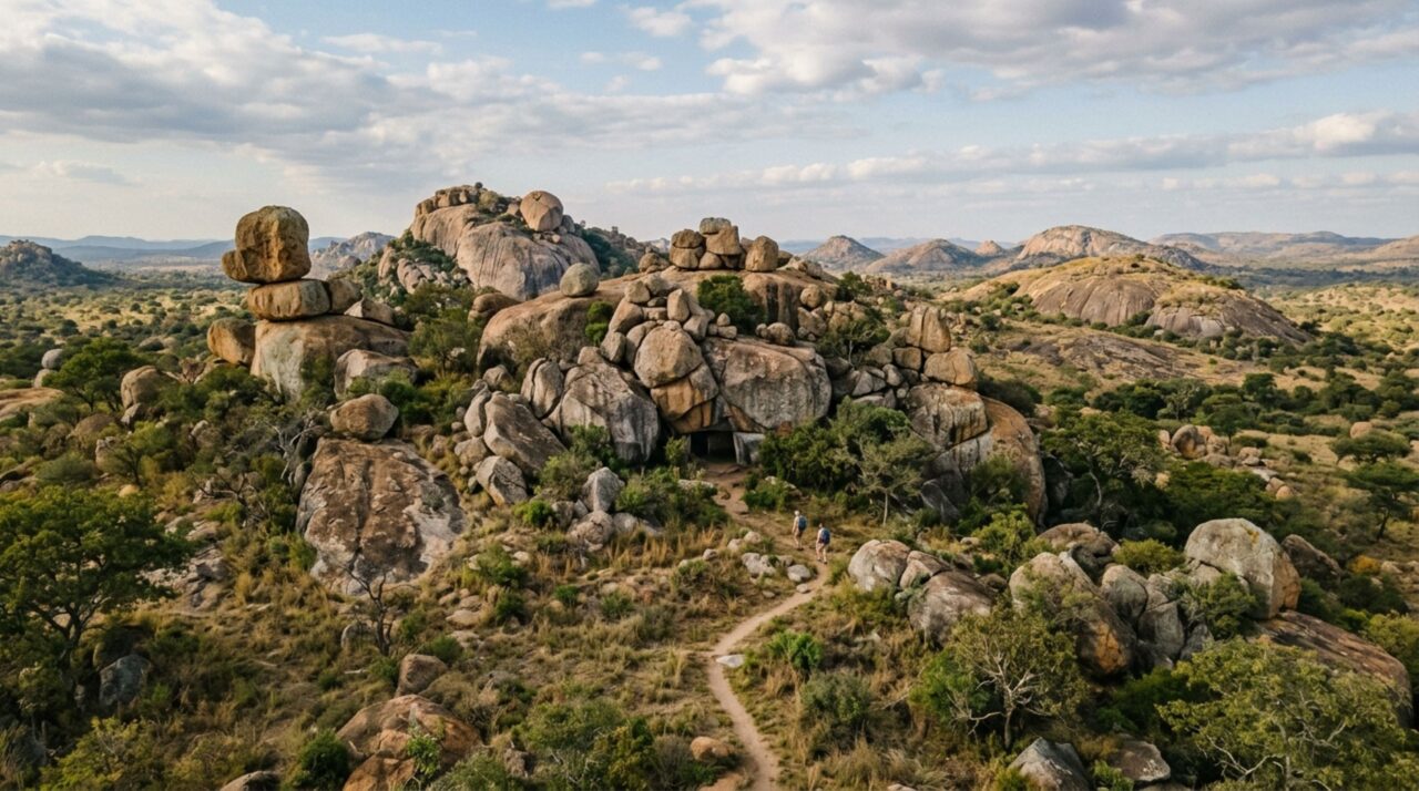 Blocos de granito viraram abrigo, santuário e tela por milhares de anos e colinas Matobo concentram uma das grandes coleções rupestres da África