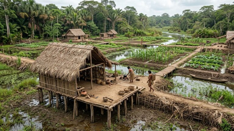 Reconstrução hipotética de um assentamento maia em Birds of Paradise, onde plataformas e postes de madeira revelam a ocupação de áreas úmidas durante séculos