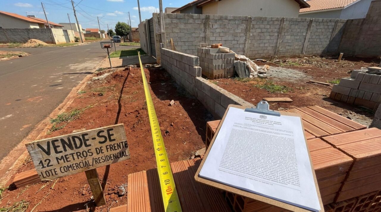 Casal compra lote anunciado com 12 metros de frente, constrói a garagem para dois carros e, ao encomendar o portão, descobre que a matrícula registra apenas 10 metros