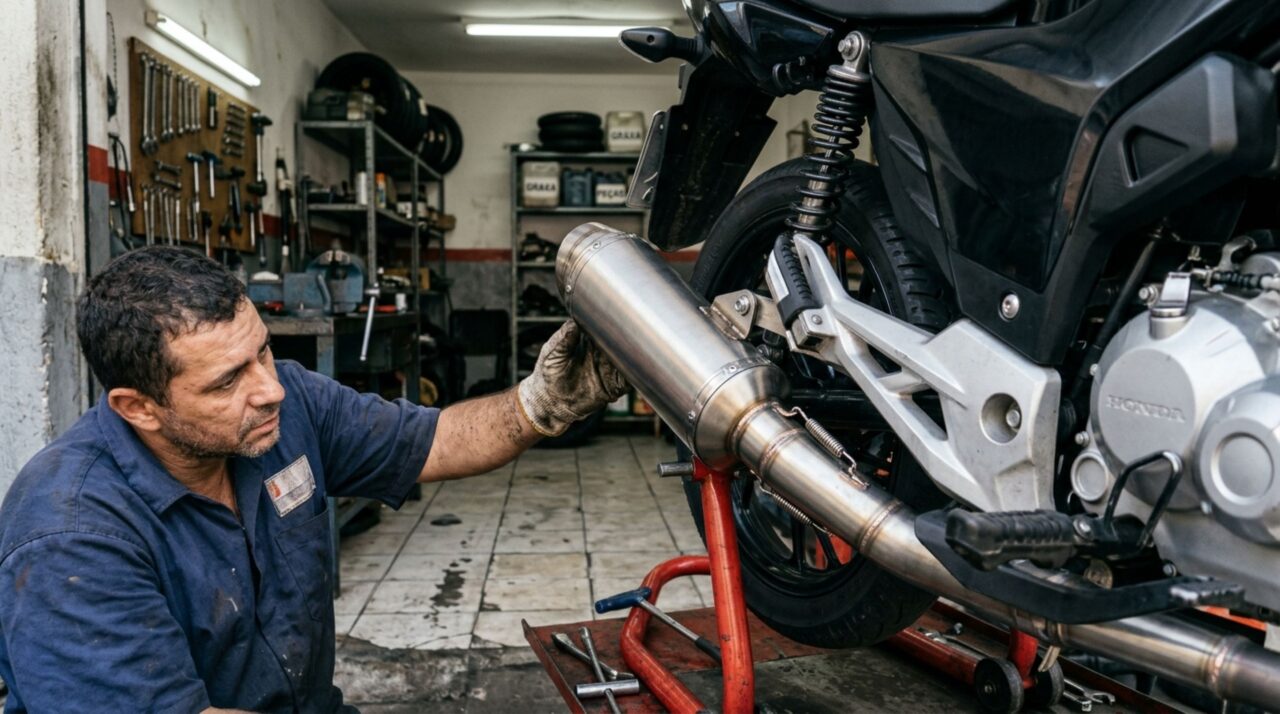 Motociclista instala um escapamento esportivo para deixar a moto com um ronco mais forte e descobre, durante uma fiscalização, que a troca da peça precisa atender a exigências técnicas