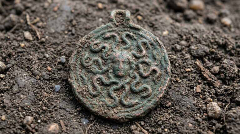 Amuleto de cobre do século XI encontrado em Staraya Russa apresenta uma figura feminina com elementos serpentinos semelhantes à iconografia de Medusa