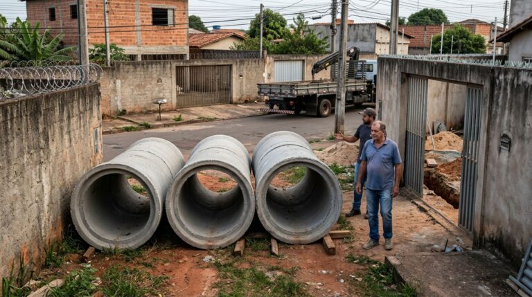 Proprietário compra tubos de concreto para instalar a drenagem do quintal, caminhão deixa as peças sobre o acesso de um terreno vizinho e recebe cobrança pela retirada, mas ordem de entrega registra outro local para descarregar