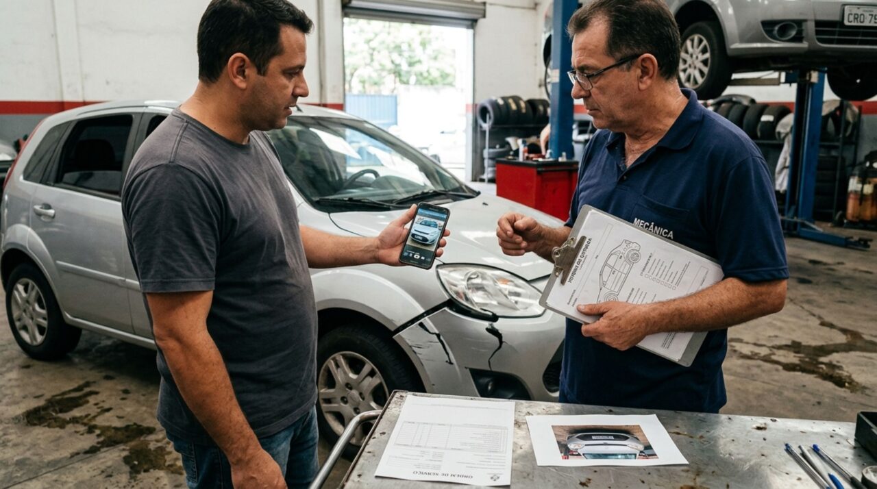 Motorista deixa o carro na oficina para trocar a embreagem, recebe o veículo com o para-choque quebrado e ouve que o dano já existia, mas as fotos feitas durante a entrada mostram uma situação diferente da versão apresentada