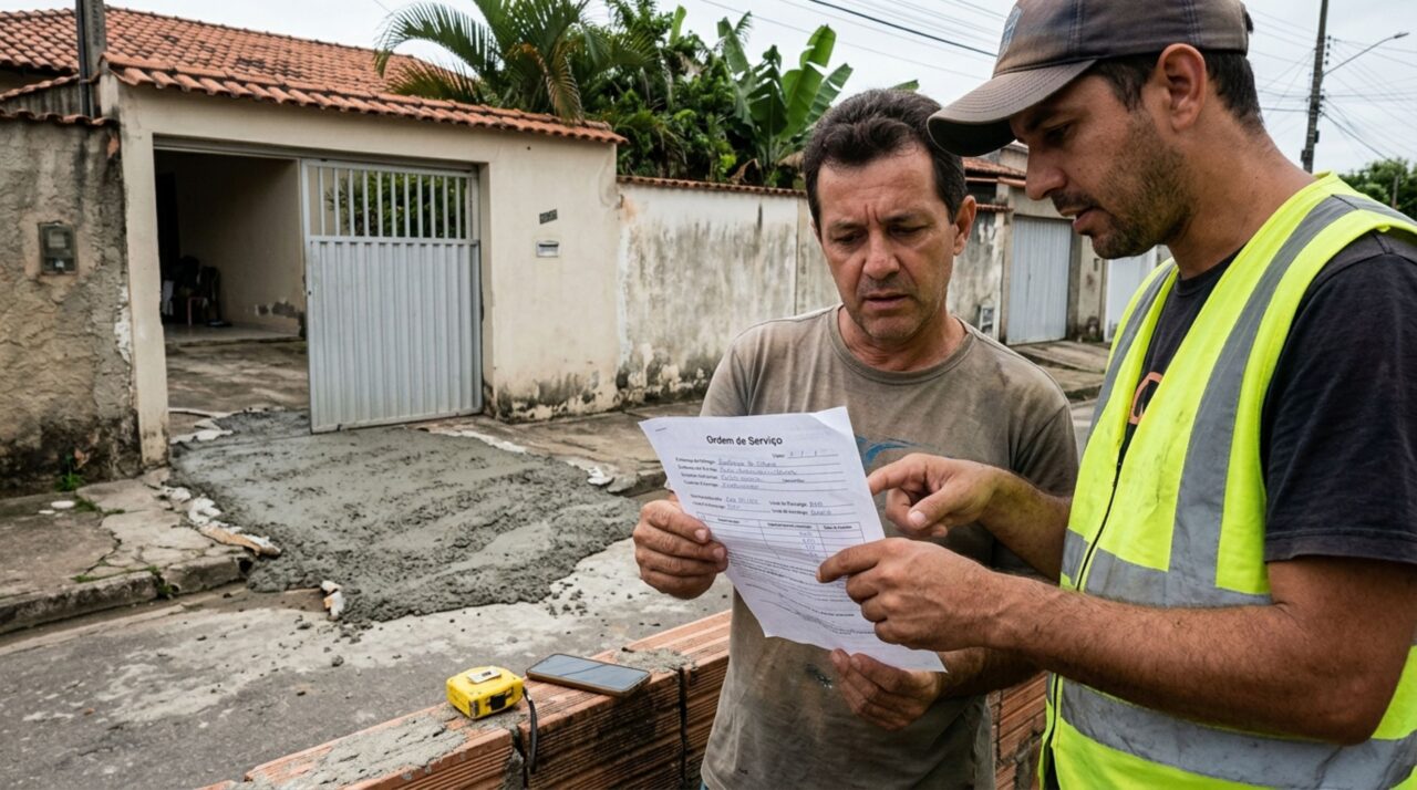 Proprietário contrata caminhão-betoneira para concretar o quintal, motorista descarrega parte da mistura na entrada do imóvel vizinho e o concreto endurece antes da retirada, mas a ordem de serviço indica outra garagem