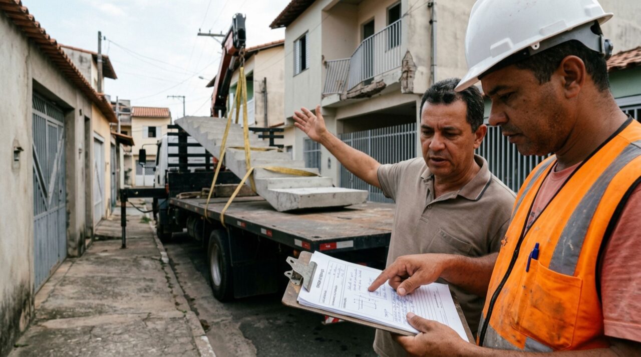 Proprietário encomenda uma escada pré-moldada para reformar a casa, guindaste quebra parte da sacada vizinha durante a entrega e empresa culpa o comprador, mas ordem de serviço mostra quem escolheu o ponto de descarga