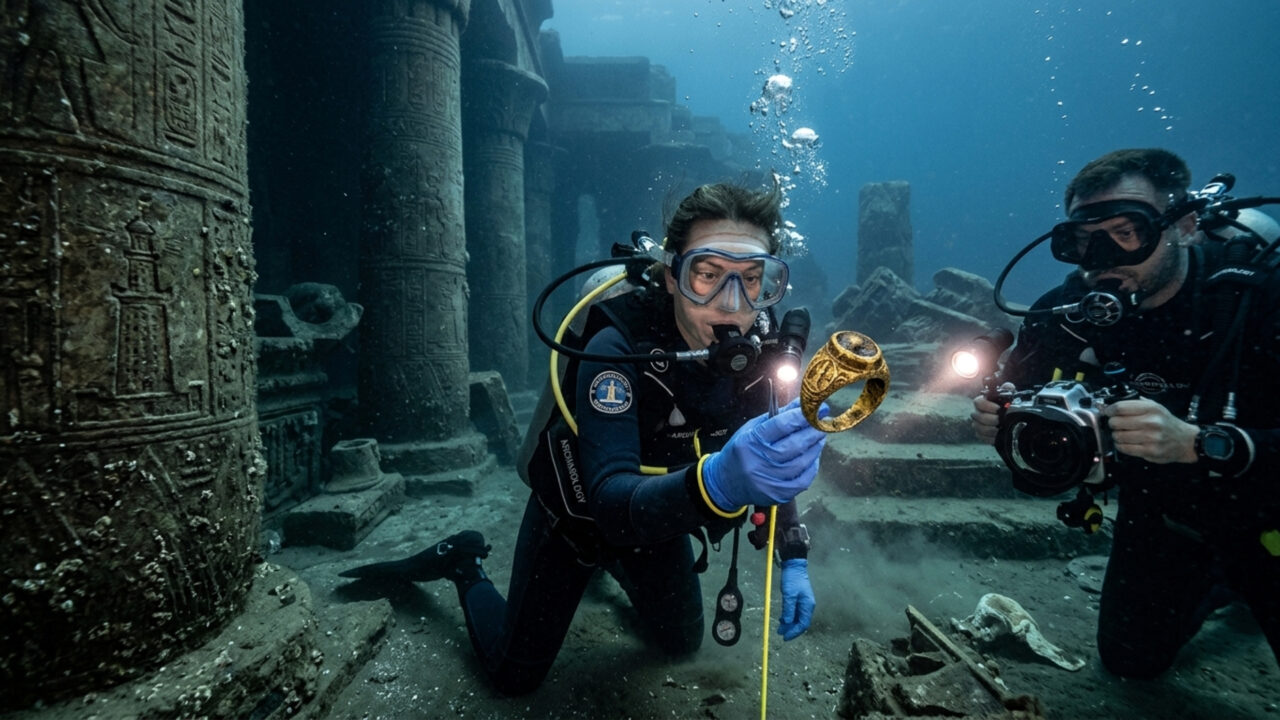 Mergulhadores encontram um raro anel de bronze num palácio submerso e acabam revelando pista sobre uma das 7 maravilhas do mundo