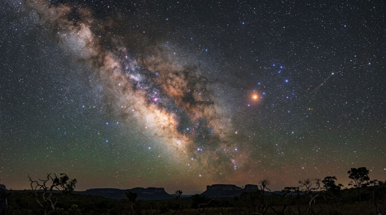 Antares e as estrelas de Sagitário ajudam a reconhecer o Bule e a faixa luminosa da Via Láctea