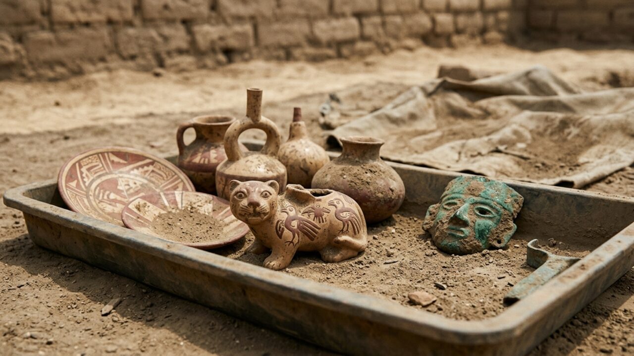 Uma criança foi enterrada com mais de 30 peças e uma máscara metálica aos pés de um grande templo Moche