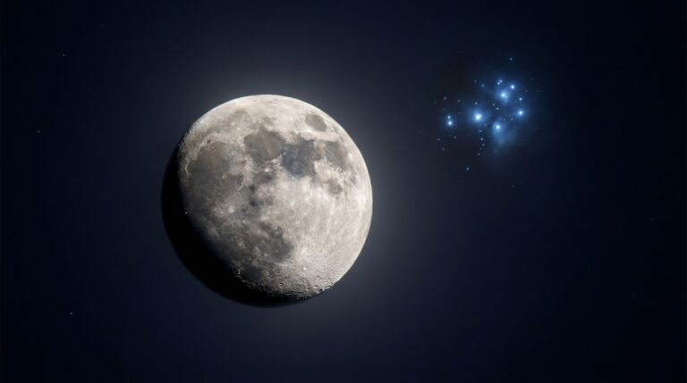 A Lua passará aparentemente perto das Plêiades nas noites de 27 e 28 de outubro de 2026, criando um encontro celeste visível sem telescópio