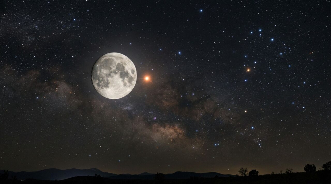 Uma estrela vermelha marca o coração de Escorpião no céu: a Lua funciona como guia para encontrar Antares sem decorar mapas astronômicos