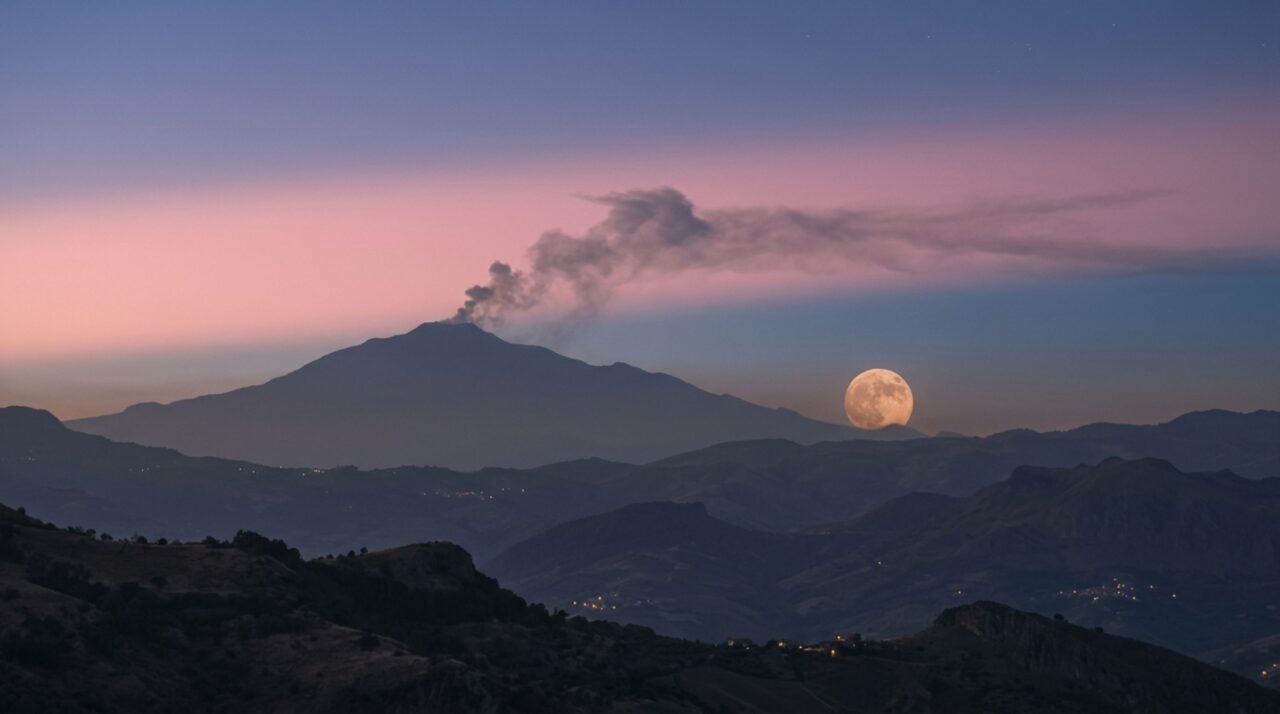 A Lua cheia subiu enquanto o Etna lançava cinzas e uma única cena reuniu vulcão, crepúsculo e o Cinturão de Vênus