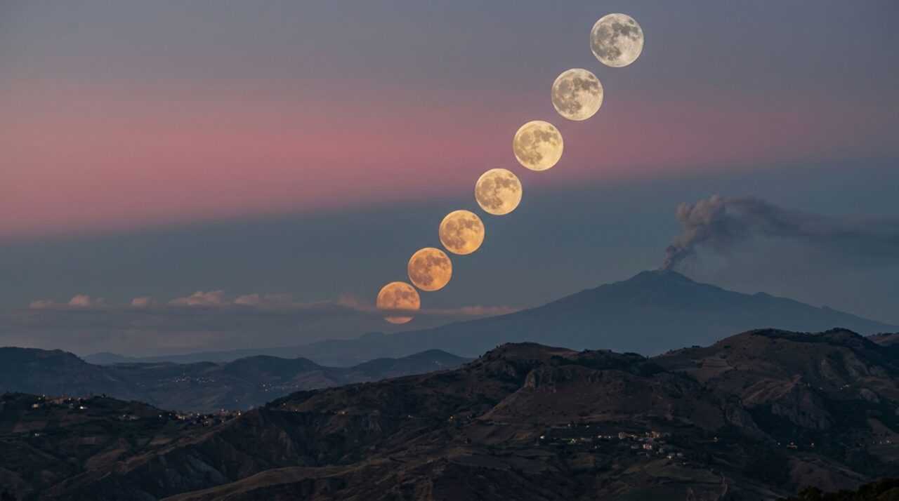 A Lua cheia surgiu atrás do Etna em erupção, enquanto uma faixa rosa no céu transformou a mesma fotografia em aula de vulcão e atmosfera