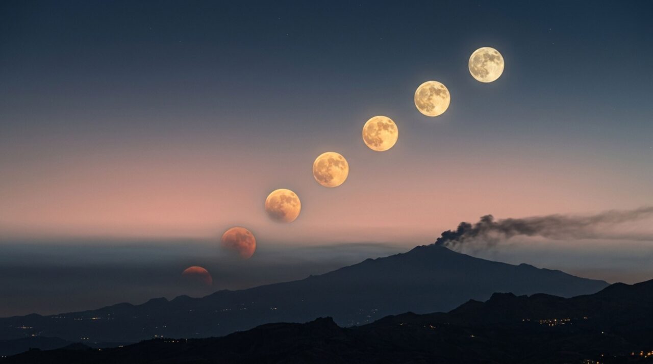 Composição fotográfica reúne posições sucessivas da Lua da Colheita durante sua ascensão sobre o horizonte siciliano