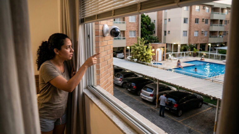 Morador instalou uma câmera para vigiar a garagem e vizinha notou que o equipamento também grava toda a área da piscina e a janela do seu quarto
