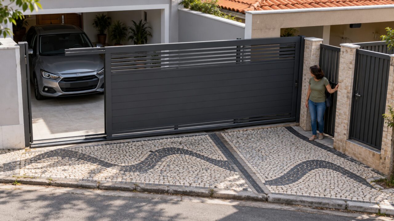 Morador substitui o portão de abrir por um modelo de correr e vizinha descobre que, quando a garagem fica aberta, a folha metálica cobre parte da entrada de sua casa