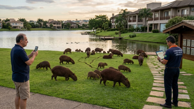 Morador vê capivaras tomarem o gramado do condomínio à beira do lago, e o síndico recebe alerta sobre o carrapato-estrela e a febre maculosa