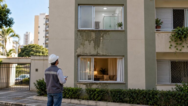Moradora reforma o banheiro e recebe cobrança por infiltração no apartamento de baixo, embora mensagens antigas já mostrassem manchas no mesmo teto