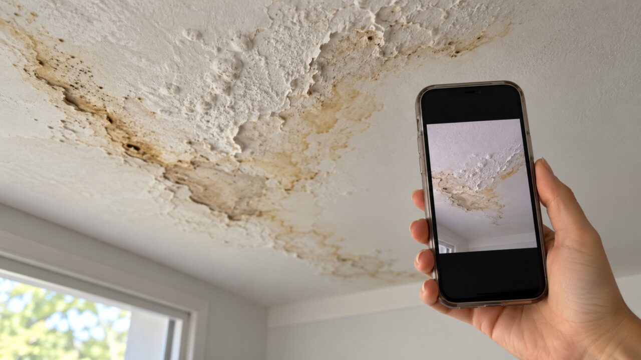Moradora reforma o banheiro e recebe cobrança por infiltração no apartamento de baixo, embora mensagens antigas já mostrassem manchas no mesmo teto