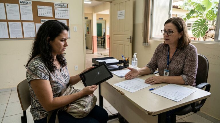 Escola cobra dos pais o conserto de um tablet usado pelo filho, afirma que o aparelho foi danificado durante a aula e apresenta uma ocorrência, mas o registro de distribuição mostra que a tela já estava trincada quando o equipamento chegou ao aluno