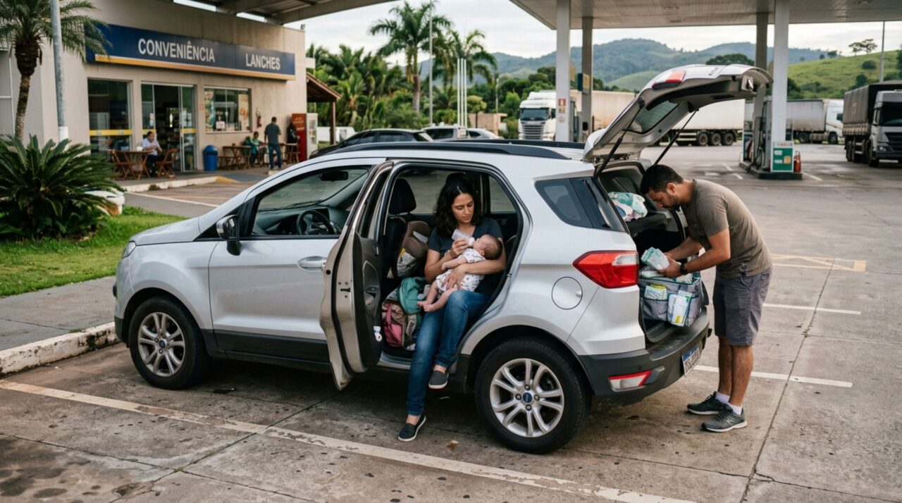Pai estaciona no acostamento para alimentar o bebê durante uma viagem longa e descobre por que a necessidade da criança não torna qualquer parada automaticamente permitida