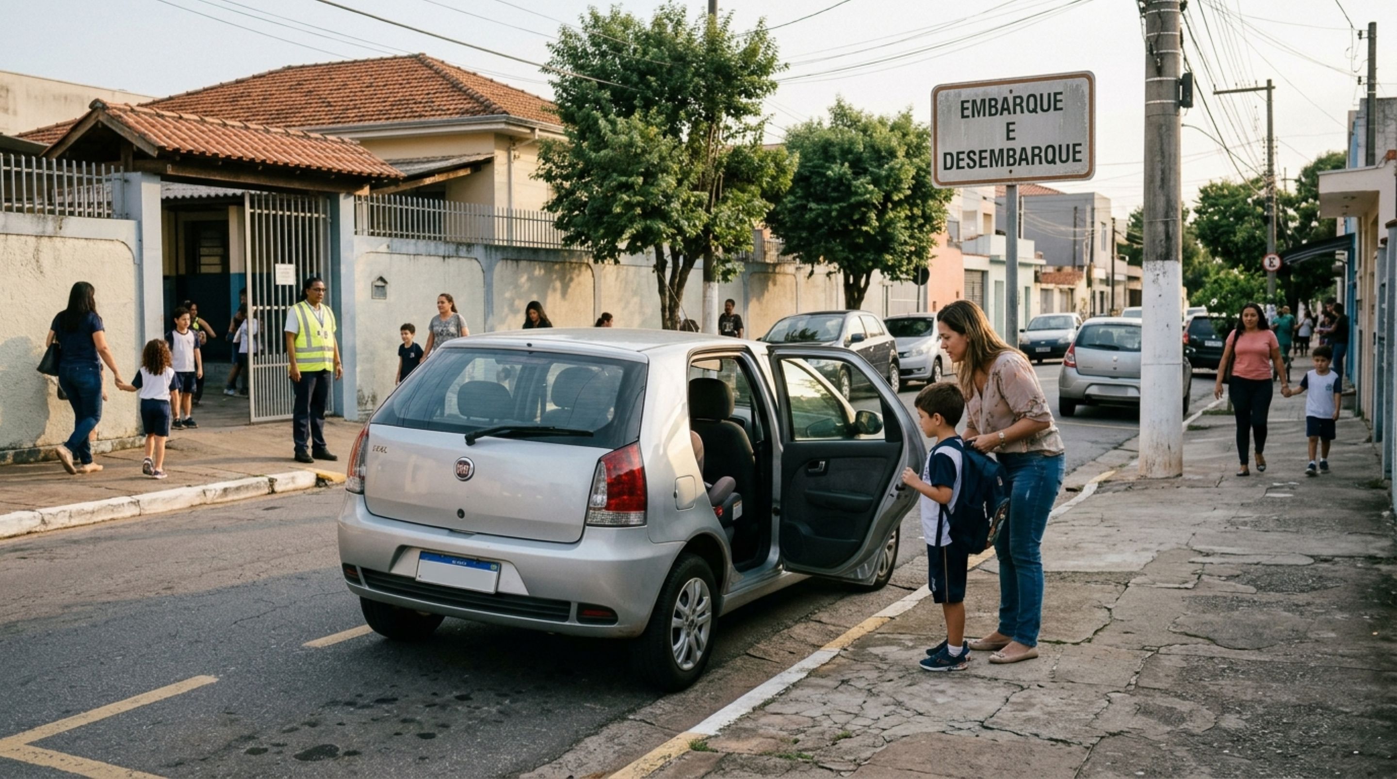 Mãe estaciona o carro em frente à escola para buscar o filho pequeno, permanece dentro do veículo e descobre que esperar com o motor ligado não significa que a parada esteja sempre permitida