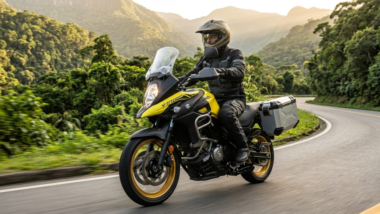 Motor bicilíndrico em V de 645 cilindradas e tanque de 20 litros acompanham esta moto aventureira que utiliza rodas raiadas e freios com dois discos dianteiros