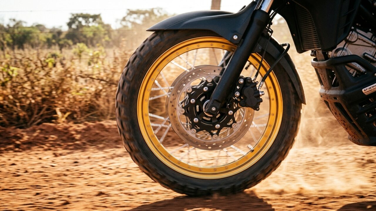 Motor bicilíndrico em V de 645 cilindradas e tanque de 20 litros acompanham esta moto aventureira que utiliza rodas raiadas e freios com dois discos dianteiros