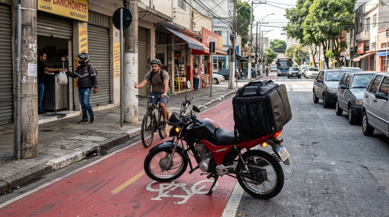 Entregador deixa a motocicleta na ciclofaixa por poucos minutos para retirar um pedido, liga o pisca-alerta e descobre que a rapidez da entrega não elimina as regras de parada e estacionamento
