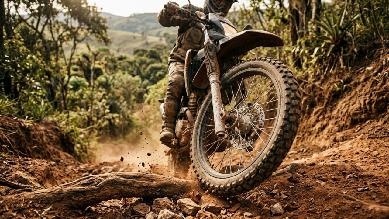 São 272 mm de distância livre do solo e 230 mm de curso nas suspensões desta moto de quase 400 cilindradas que utiliza rodas de 21 e 18 polegadas