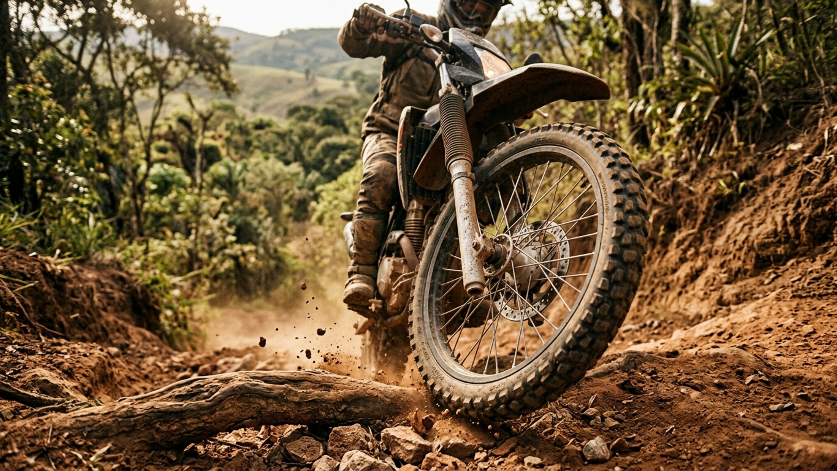 São 272 mm de distância livre do solo e 230 mm de curso nas suspensões desta moto de quase 400 cilindradas que utiliza rodas de 21 e 18 polegadas