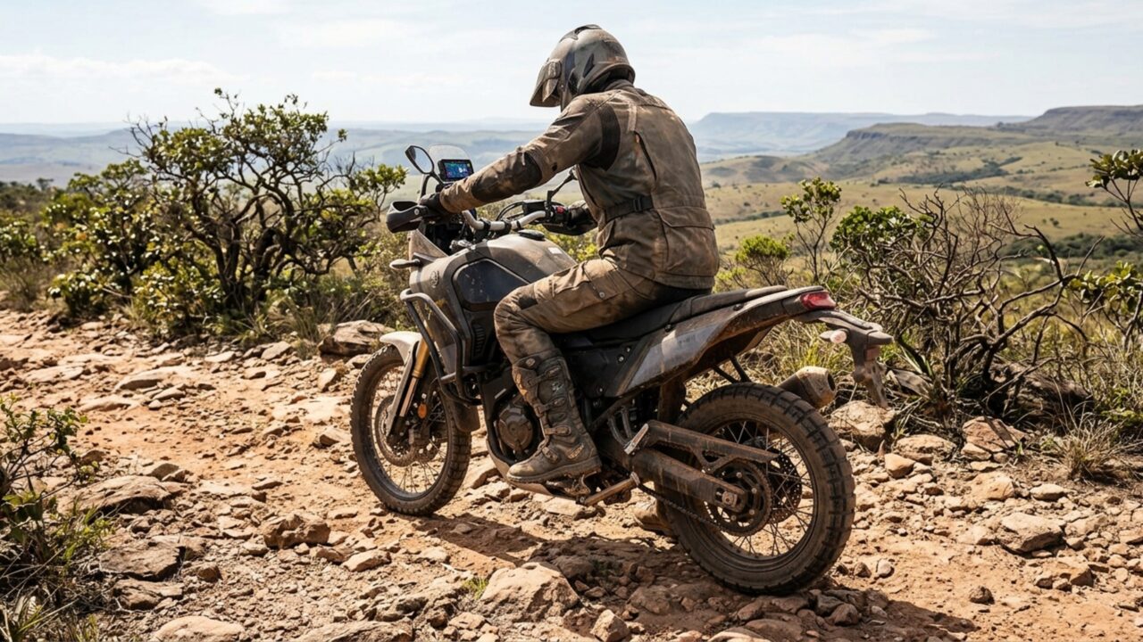 São 272 mm de distância livre do solo e 230 mm de curso nas suspensões desta moto de quase 400 cilindradas que utiliza rodas de 21 e 18 polegadas