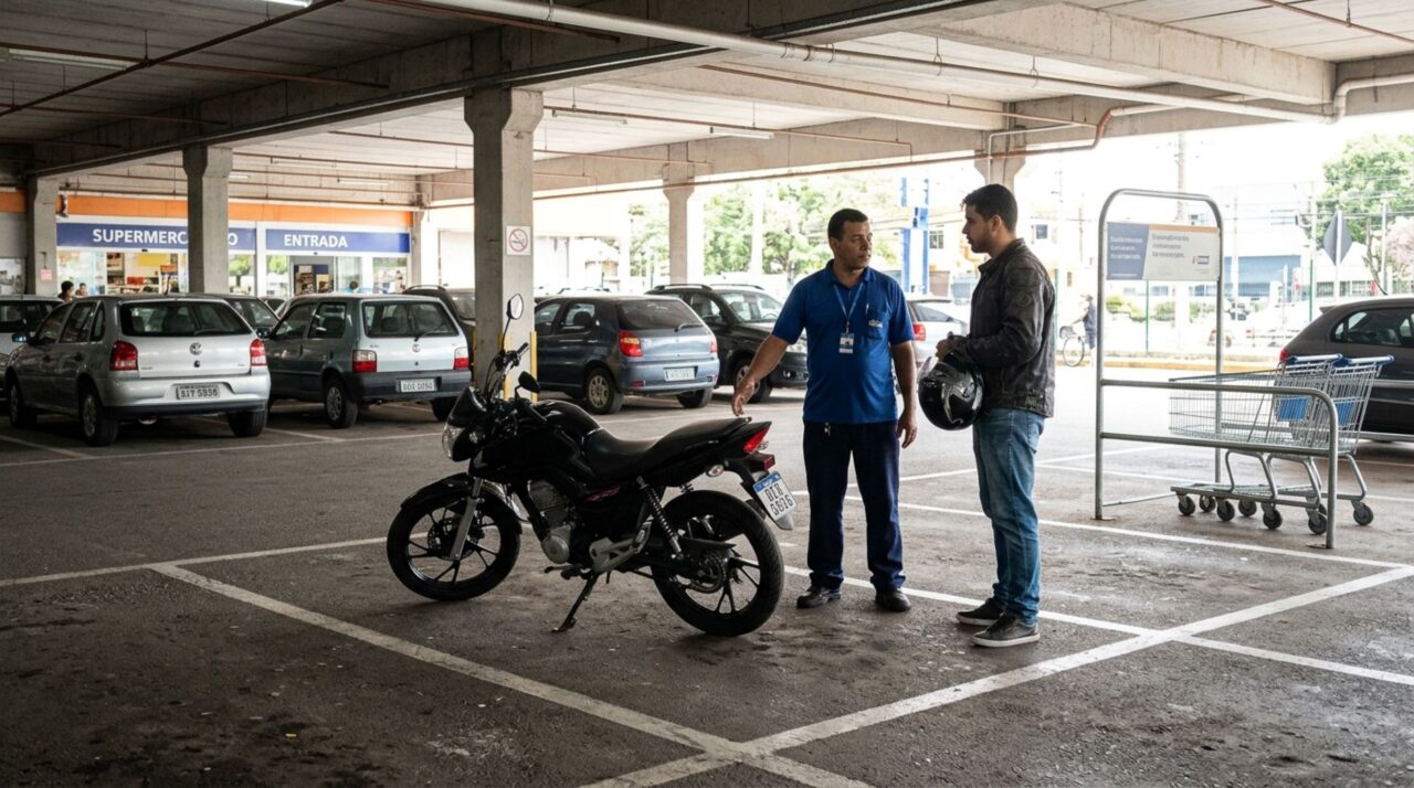 Motorista estaciona a motocicleta em uma vaga comum de carro dentro de um estacionamento privado e descobre que a discussão sobre o espaço depende das regras do estabelecimento