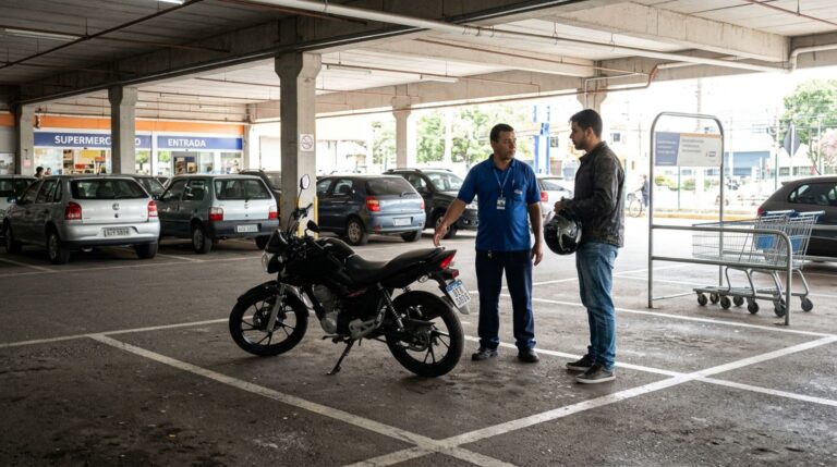 Motorista estaciona a motocicleta em uma vaga comum de carro dentro de um estacionamento privado e descobre que a discussão sobre o espaço depende das regras do estabelecimento