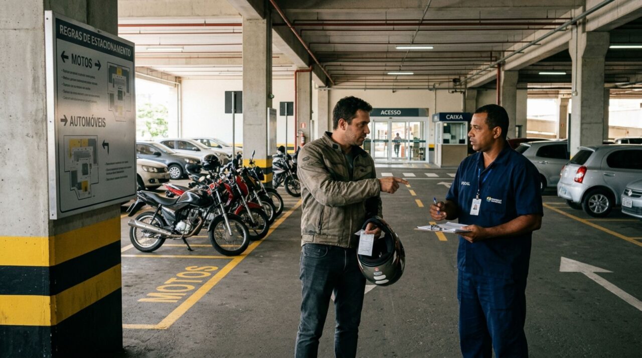 Motorista estaciona a motocicleta em uma vaga comum de carro dentro de um estacionamento privado e descobre que a discussão sobre o espaço depende das regras do estabelecimento