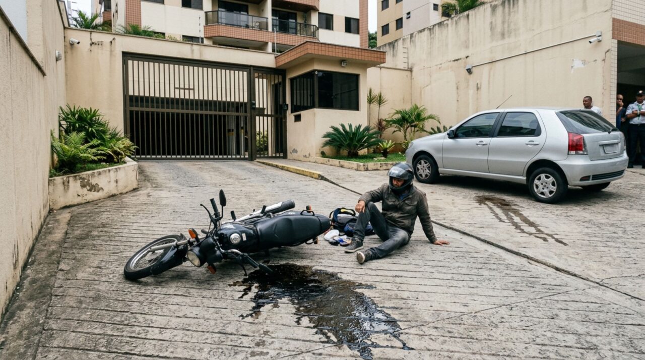 Motorista encontra óleo espalhado na saída da garagem de condomínio, sofre acidente ao passar de motocicleta e imagens revelam que o vazamento começou no carro de um morador
