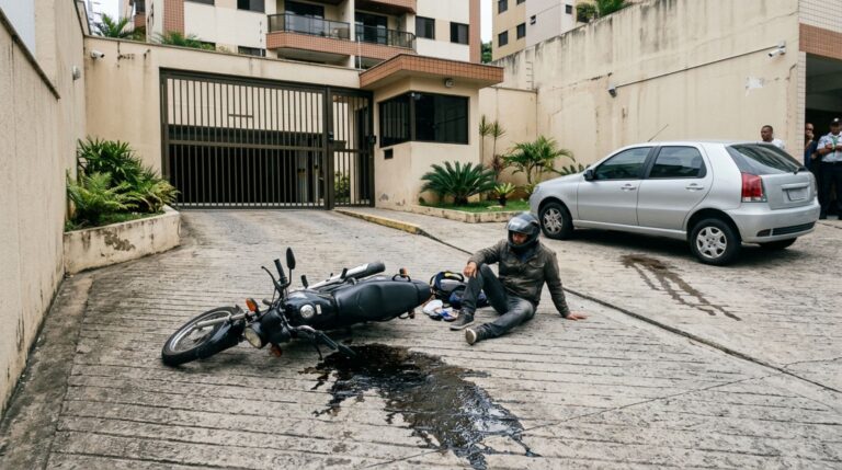 Motorista encontra óleo espalhado na saída da garagem de condomínio, sofre acidente ao passar de motocicleta e imagens revelam que o vazamento começou no carro de um morador