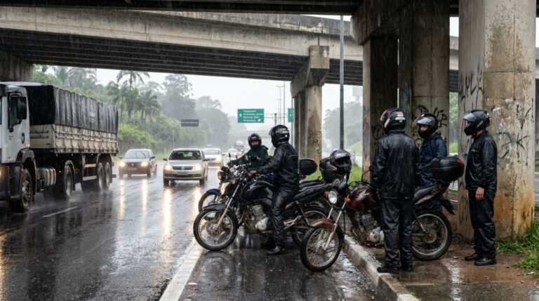 Motociclistas estacionam sob um viaduto para esperar a chuva forte diminuir e descobrem, ao serem parados por agentes que estavam passando, que se proteger do temporal não elimina as regras de circulação de trânsito, nem autoriza parada na rodovia, mesmo que no canto